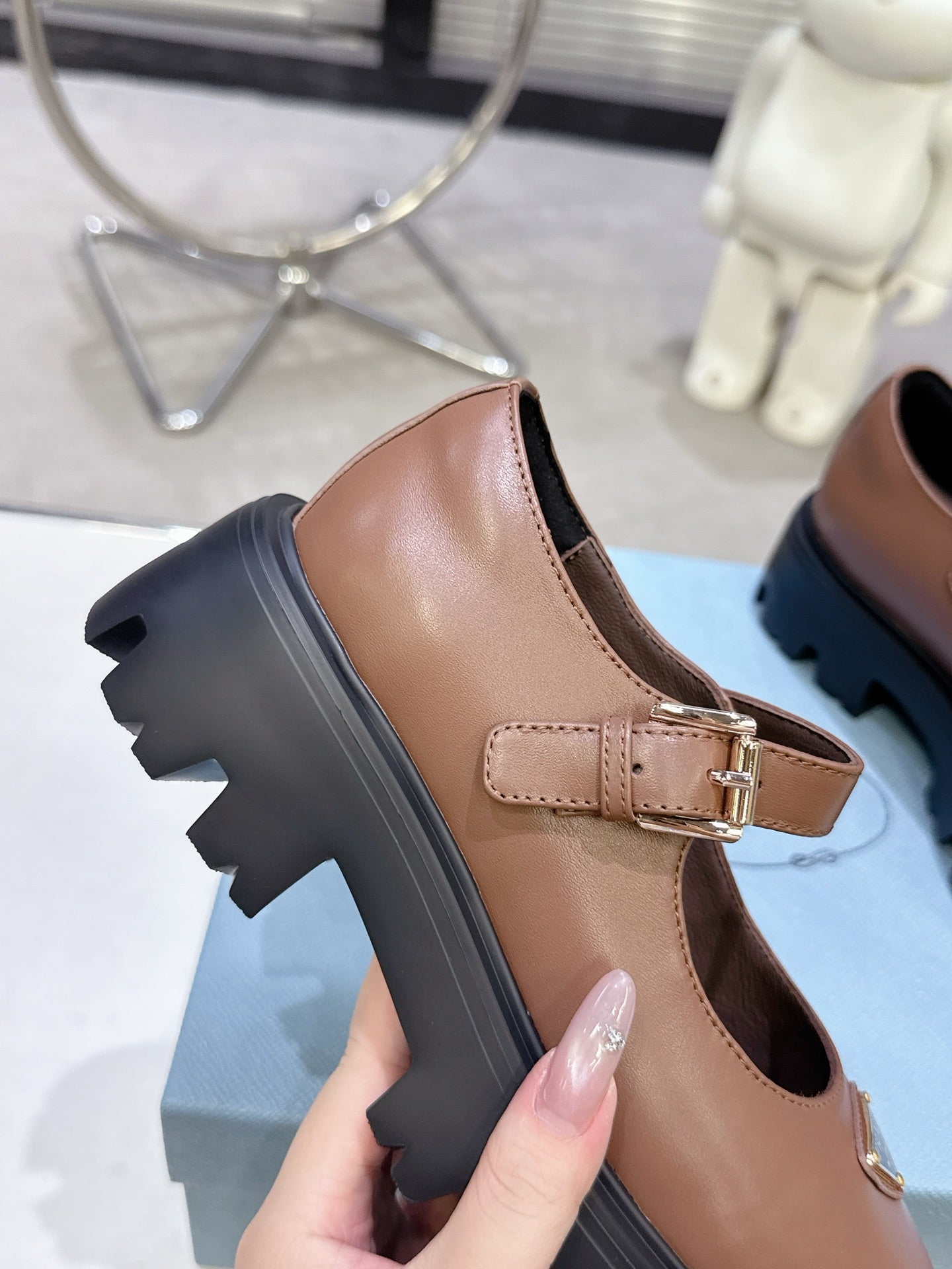 PRADA 25S PLATFORM MARY JANE SHOES IN BROWN CALFSKIN STYLE 1