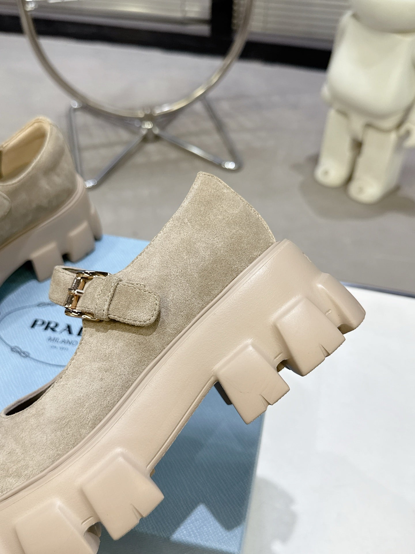 PRADA 25S PLATFORM MARY JANE SHOES IN BEIGE SUEDE