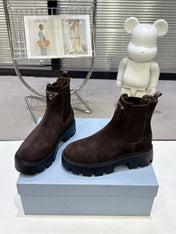 PRADA 25S RETRO PLATFORM MARTIN ANKLE BOOTS IN DARK BROWN SUEDE