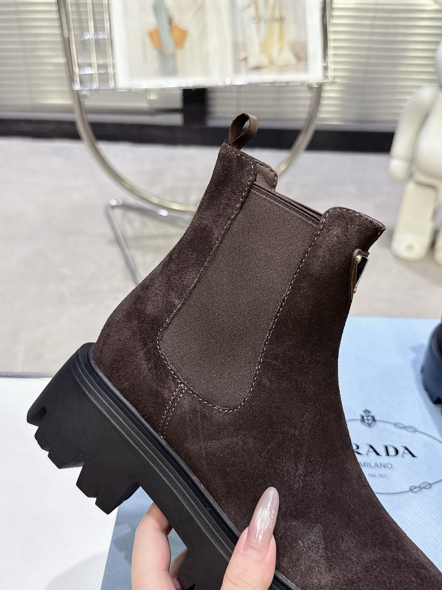 PRADA 25S RETRO PLATFORM MARTIN ANKLE BOOTS IN DARK BROWN SUEDE