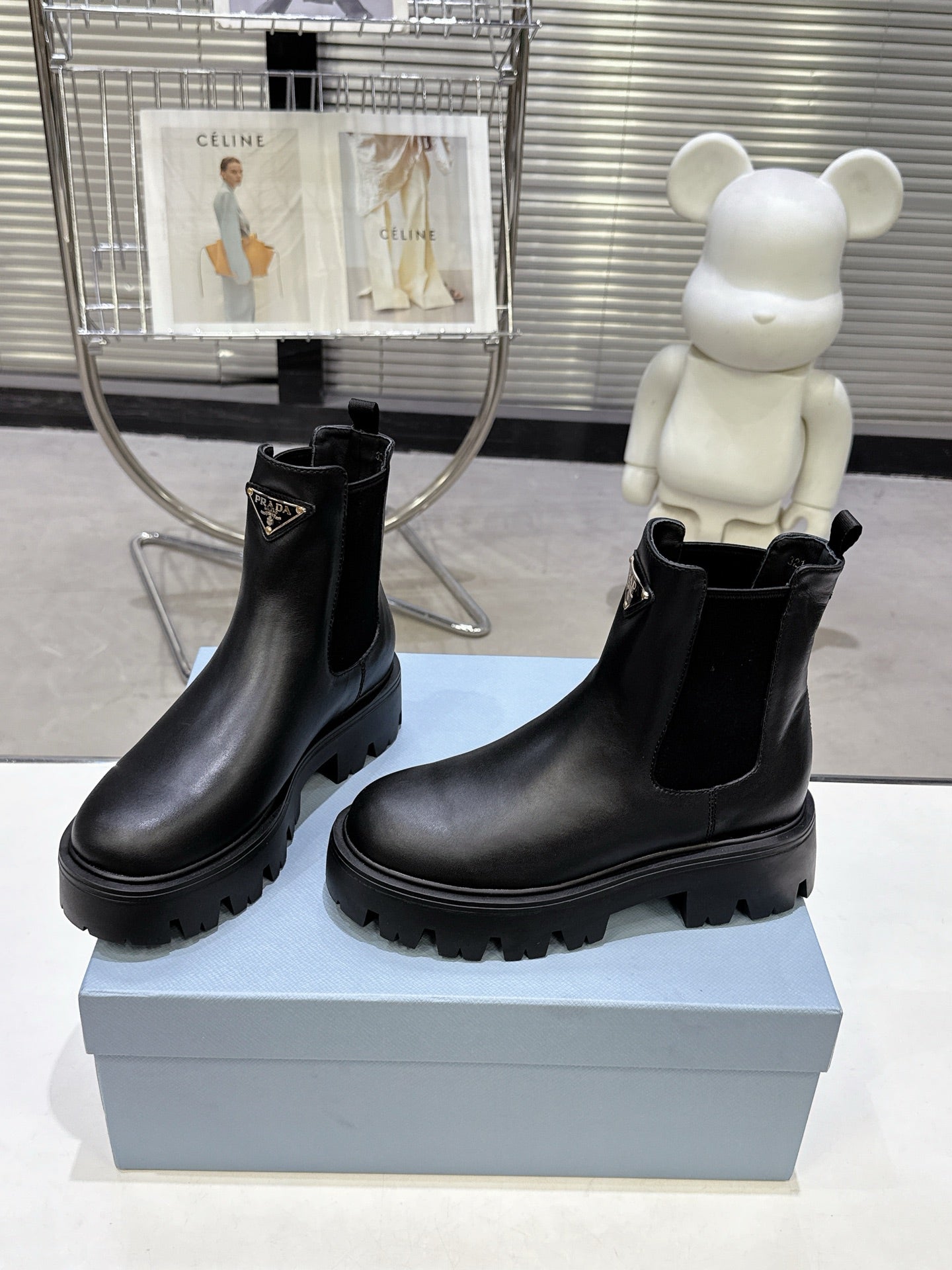 PRADA 25S RETRO PLATFORM MARTIN ANKLE BOOTS IN BLACK CALFSKIN