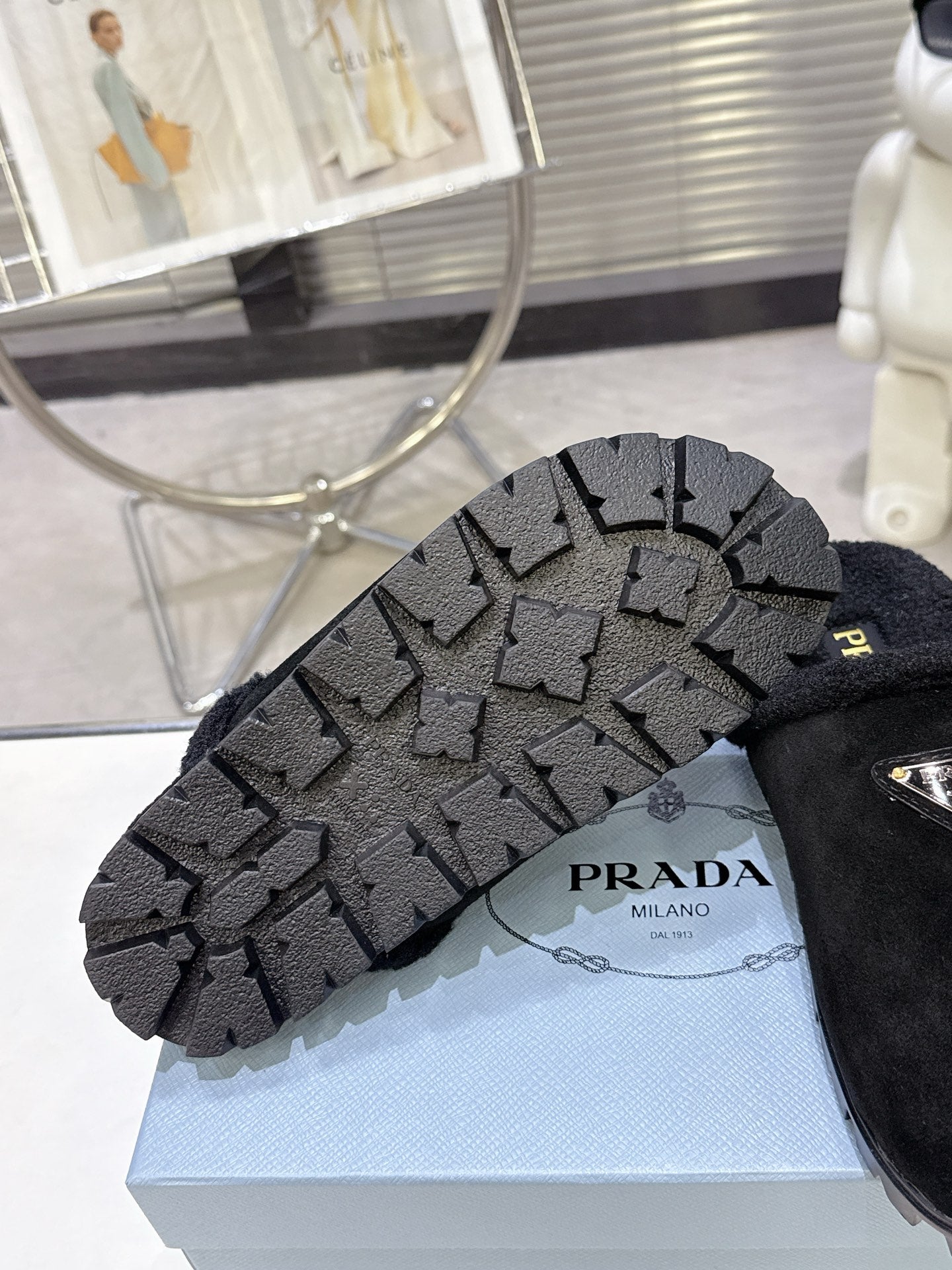 PRADA 25S FUR-LINED SABOT MULES IN BLACK SUEDE