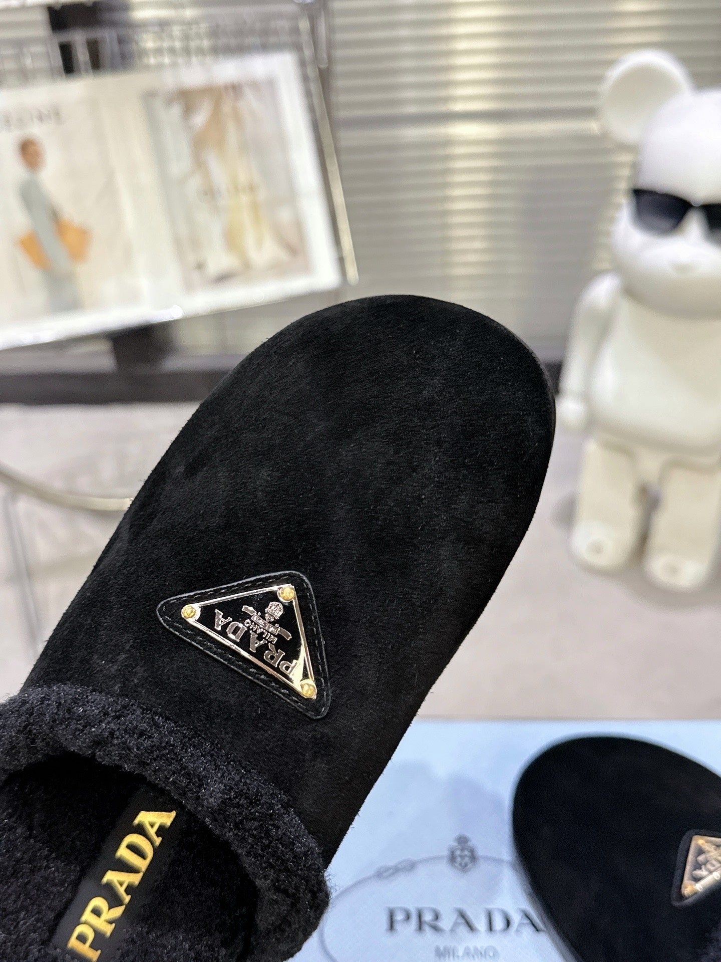 PRADA 25S FUR-LINED SABOT MULES IN BLACK SUEDE