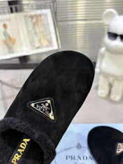 PRADA 25S FUR-LINED SABOT MULES IN BLACK SUEDE