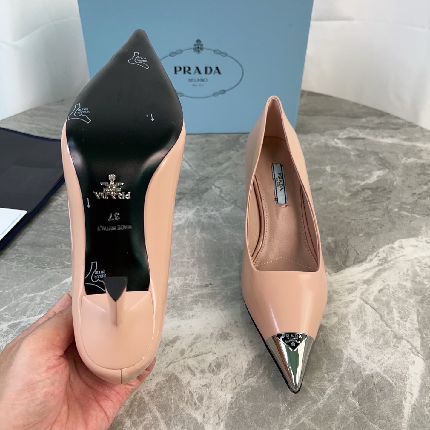 PRADA 25S METAL-CAPPED POINTED-TOE HIGH HEELS IN WARM BEIGE CALFSKIN