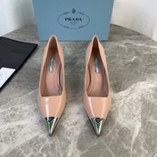 PRADA 25S METAL-CAPPED POINTED-TOE HIGH HEELS IN WARM BEIGE CALFSKIN