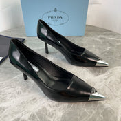 PRADA 25S METAL-CAPPED POINTED-TOE HIGH HEELS IN BLACK CALFSKIN