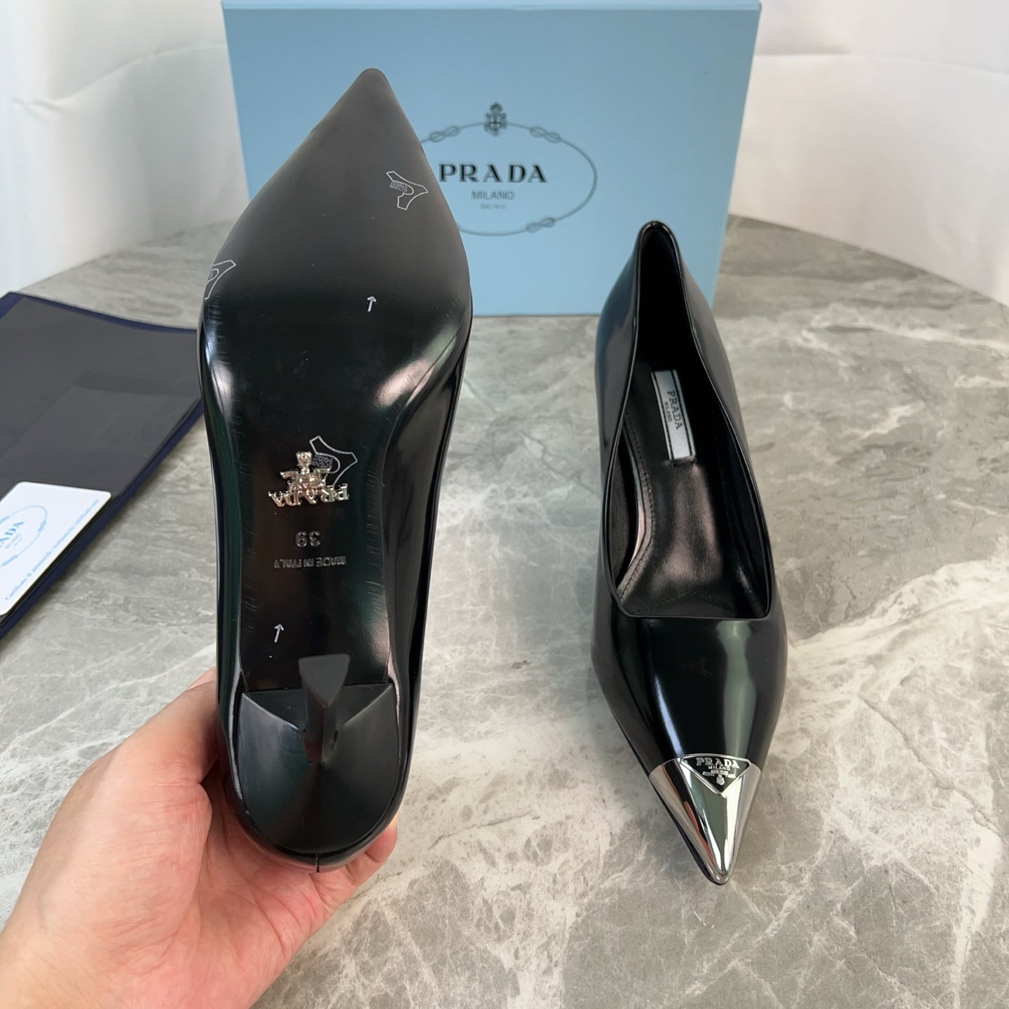 PRADA 25S METAL-CAPPED POINTED-TOE HIGH HEELS IN BLACK CALFSKIN