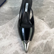 PRADA 25S METAL-TOE SLINGBACK PUMPS IN BLACK CALFSKIN