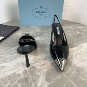 PRADA 25S METAL-TOE SLINGBACK PUMPS IN BLACK CALFSKIN