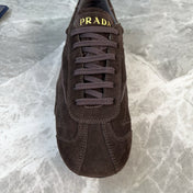 PRADA 25S MONTECARLO ANTIQUED SNEAKERS IN DARK BROWN SUEDE