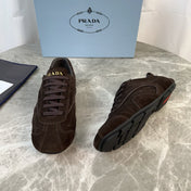 PRADA 25S MONTECARLO ANTIQUED SNEAKERS IN DARK BROWN SUEDE