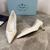 PRADA 25S POINTED-TOE HIGH HEELS 55 MM IN WHITE GLOSSY LAMBSKIN
