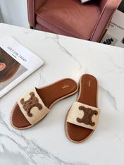 LYMPIA MULE BEIGE RAFFIA AND BROWN WOOL LOGO