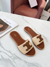 LYMPIA MULE BEIGE RAFFIA AND BROWN WOOL LOGO