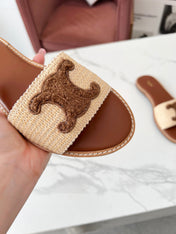 LYMPIA MULE BEIGE RAFFIA AND BROWN WOOL LOGO