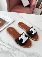 LYMPIA MULE BLACK RAFFIA AND WHITE WOOL LOGO