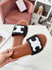 LYMPIA MULE BLACK RAFFIA AND WHITE WOOL LOGO