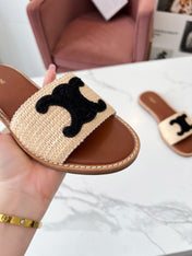 LYMPIA MULE BEIGE RAFFIA BLACK WOOL LOGO