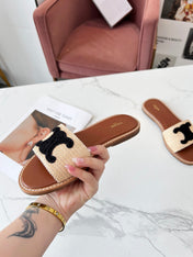 LYMPIA MULE BEIGE RAFFIA BLACK WOOL LOGO