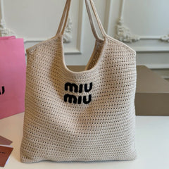 HOLLOW KNITTED TOTE BAG 35 IN OFF WHITE MIX BLACK WOVEN FABRIC