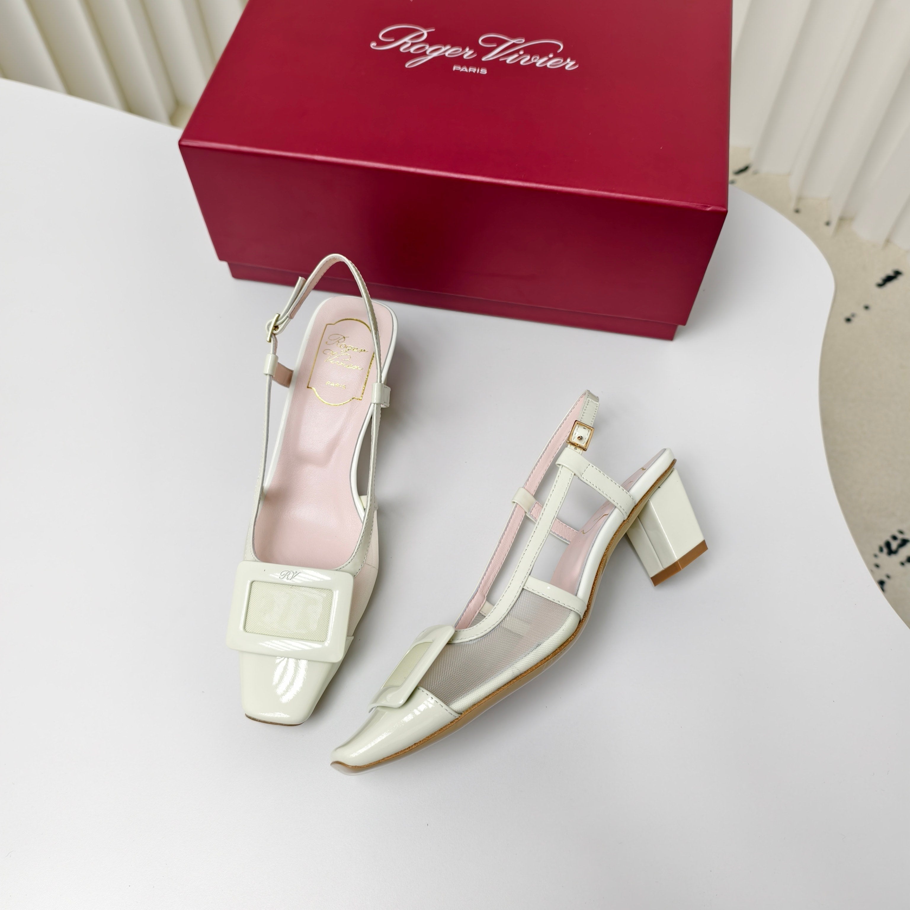 ROGER VIVIER 25S BELLE VIVIER SLINGBACK PUMPS 45MM IN LIGHT SAGE MESH FABRIC