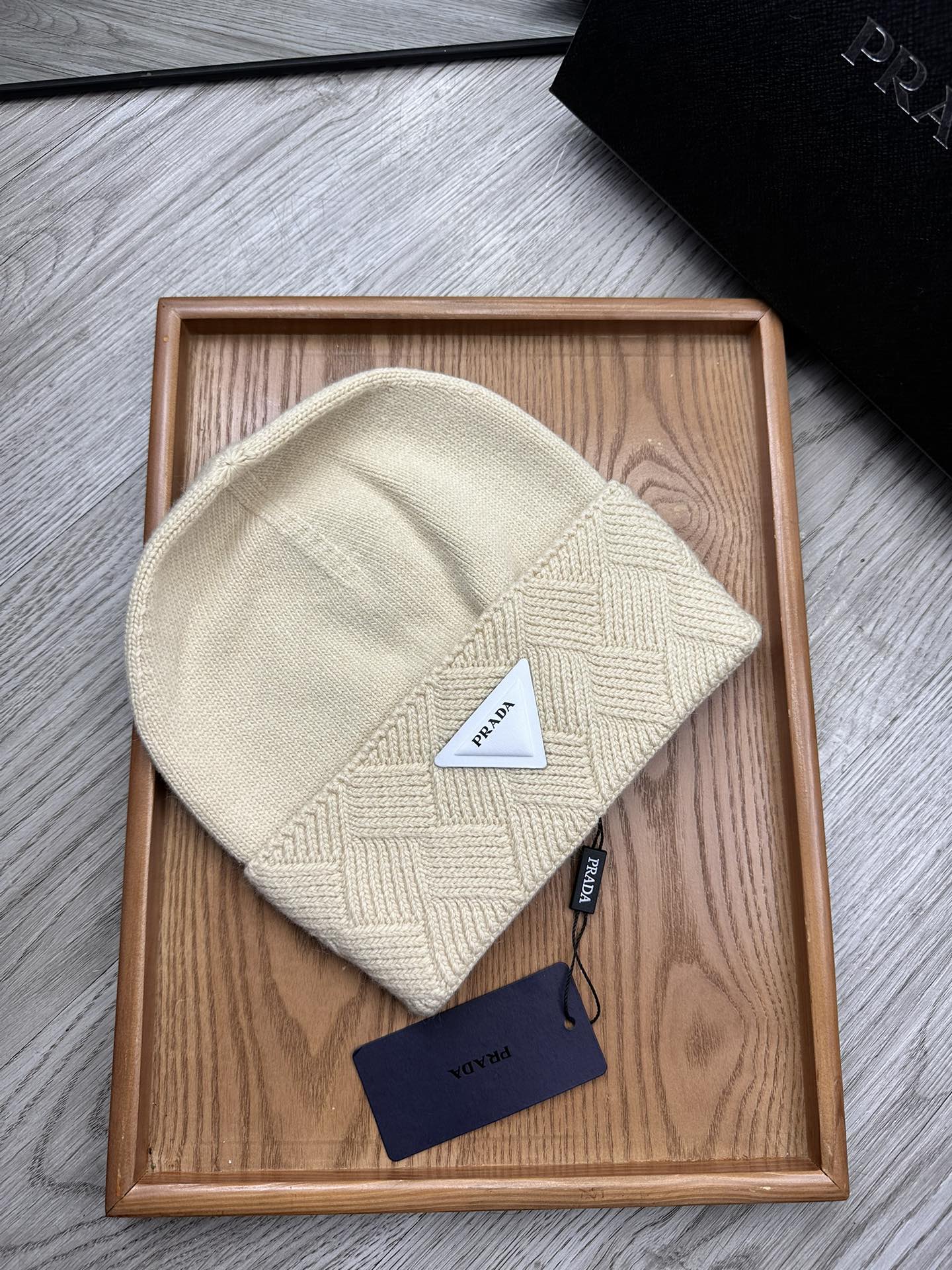 BEANIE HAT IN BISQUE BEIGE WOOL AND RABBIT FUR 342035