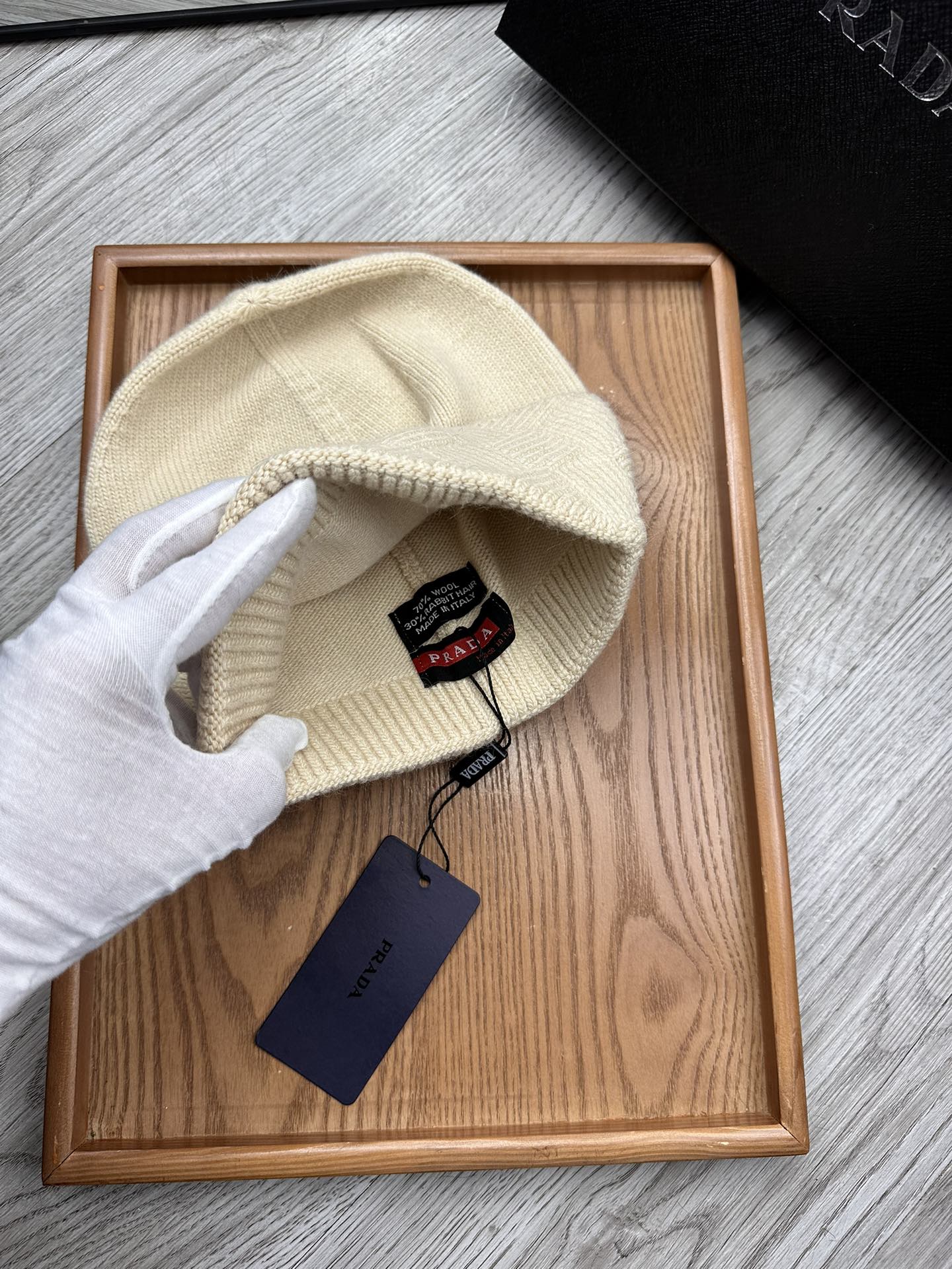 BEANIE HAT IN BISQUE BEIGE WOOL AND RABBIT FUR 342035