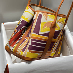 GARDEN PARTY 36 IN MULTICOLOR TOILE H CANVAS GOLD CALFSKIN TROPICAL STREETLINE ILLUSTRATION