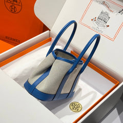 GARDEN PARTY 23CM IN WHITE MIX BLACK TOILETS COTTON CANVAS AND BLUE CALFSKIN