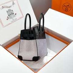 QUADRILLE BIRKIN 30CM IN BLACK SWIFT CALFSKIN WHITE BLUE PINK PLAID TOILE CANVAS