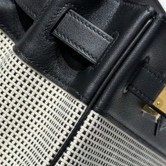 QUADRILLE BIRKIN 30CM IN BLACK SWIFT CALFSKIN WHITE BLACK PLAID TOILE CANVAS
