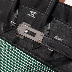 QUADRILLE BIRKIN 25CM IN BLACK SWIFT CALFSKIN BLACK/MINT/BLANC TOILE CANVAS