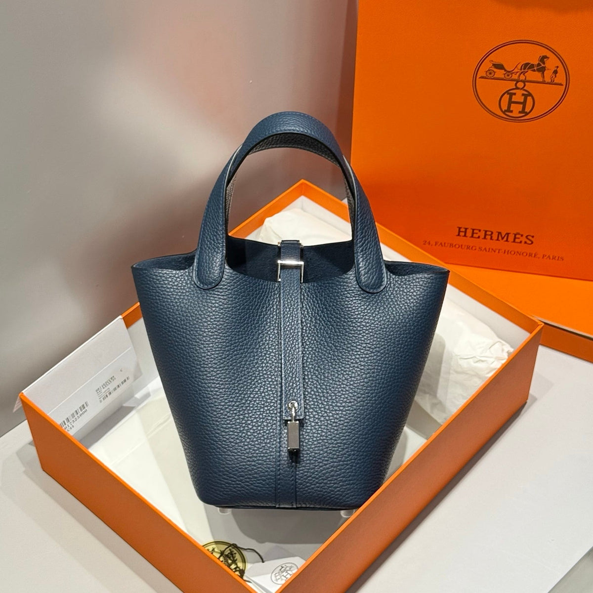 HERMES 25S PICOTIN LOCK 18 IN NAVY BLUE CALFSKIN SILVER HARDWARE
