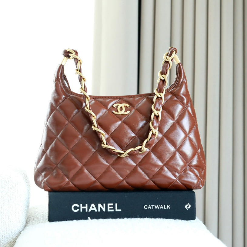 CHANEL 25S HOBO BAG 32 CM IN BROWN LAMBSKIN WITH GOLD HARDWARE