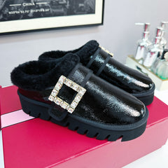 VIV WINTER PLATFORM MULES IN BLACK PATENT CALFSKIN