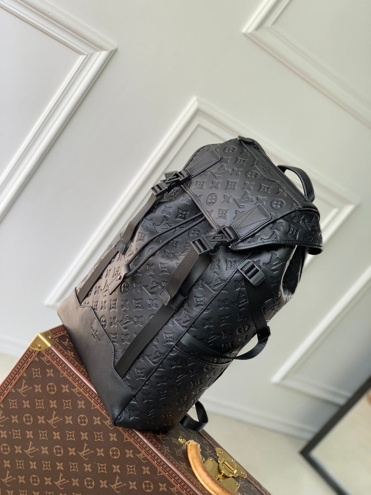 GETAWAY BACKPACK 50 IN BLACK MONOGRAM ECLIPSE CANVAS AND CALFSKIN EMBOSSED LOGO