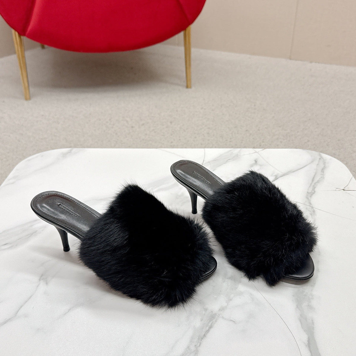 BALENCIAGA 25S HIGH HEEL SANDALS 65 MM IN BLACK LAMBSKIN AND FUR