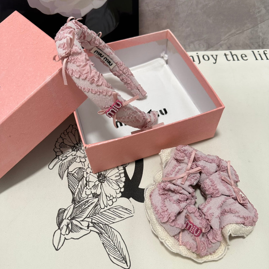 SET HEADBAND AND HAIR TIE IN LIGHT PINK FABRIC ATTACHED BOWS 432848