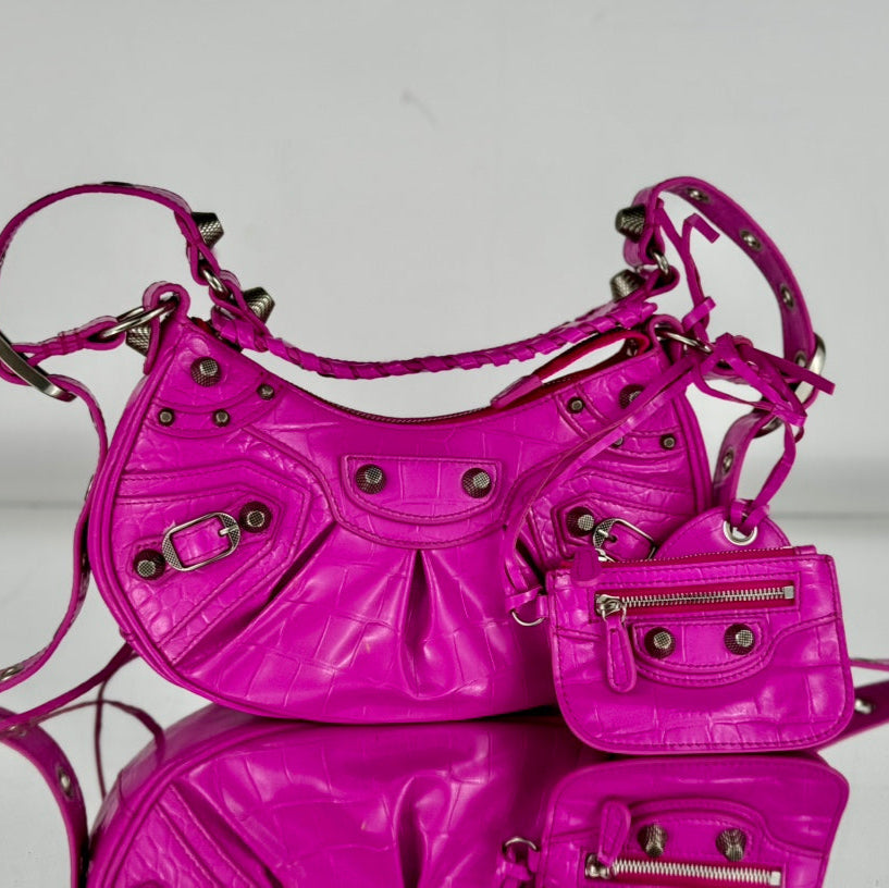 LE CAGOLE SMALL SHOULDER BAG 26 WITH RHINESTONES IN DEEP PINK CROCODILE EMBOSSED CALFSKIN