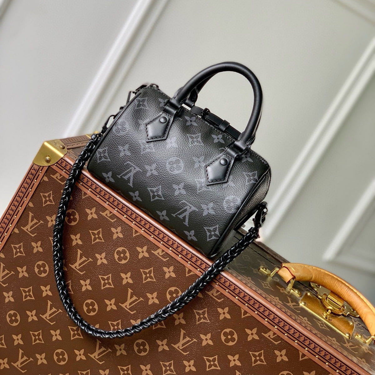 SPEEDY BAG 18 IN BLACK MONOGRAM COATED CANVAS BLACK HARDWARE