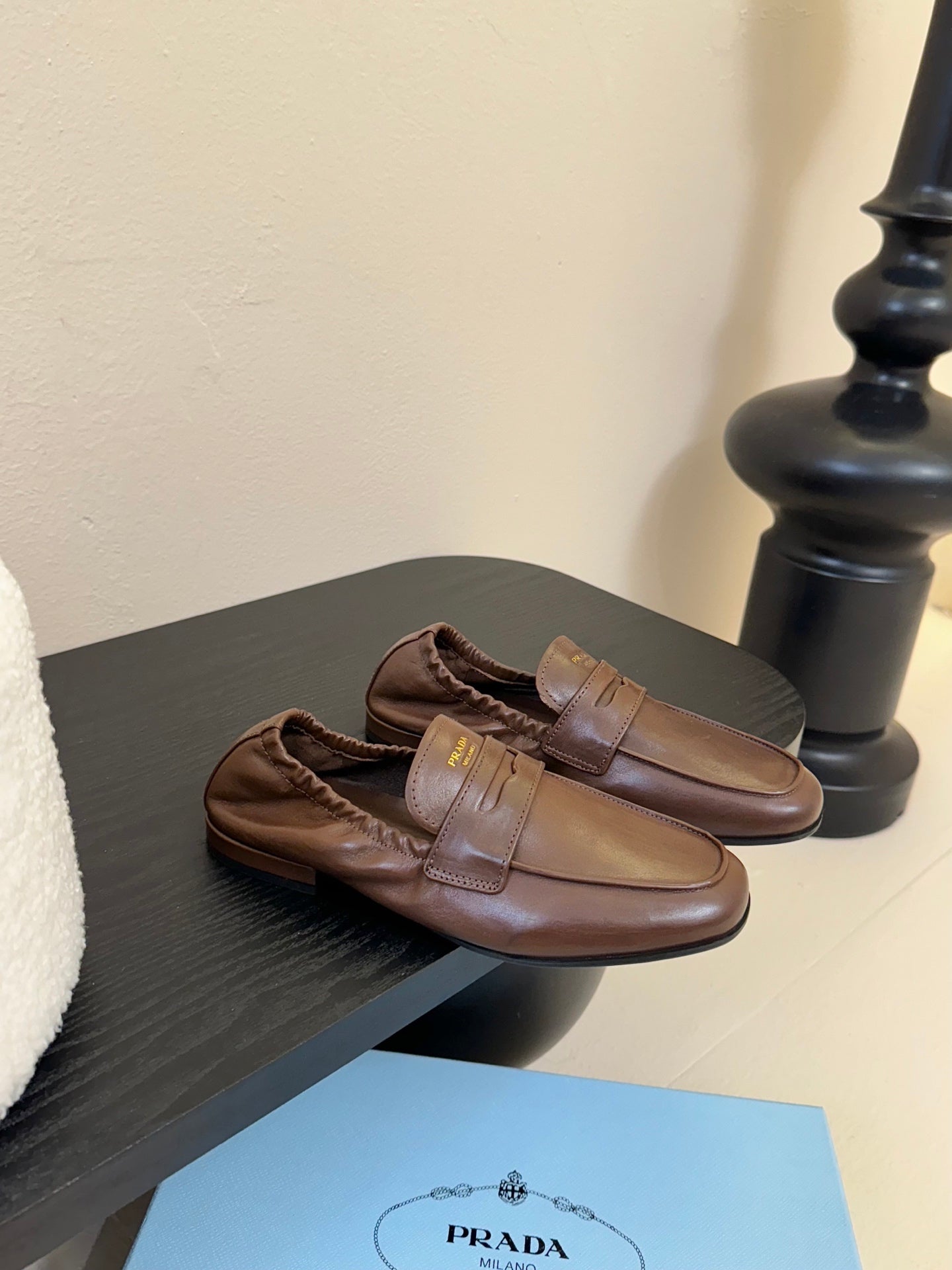 PRADA 25S SHUFFLE LOAFERS IN EARTH BROWN CALFSKIN