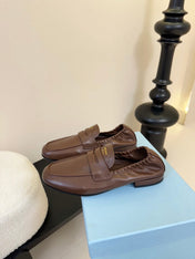 PRADA 25S SHUFFLE LOAFERS IN EARTH BROWN CALFSKIN