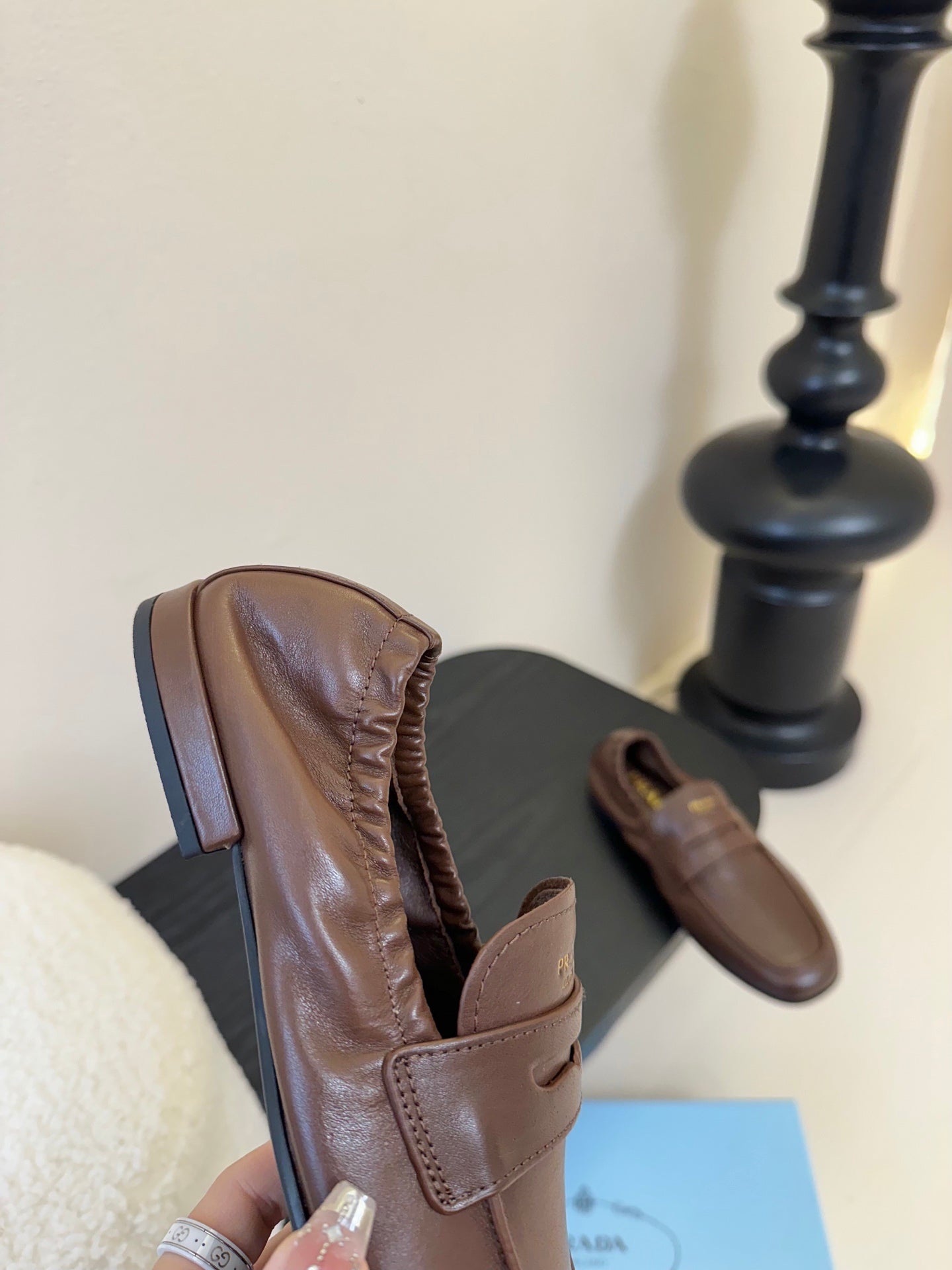 PRADA 25S SHUFFLE LOAFERS IN EARTH BROWN CALFSKIN