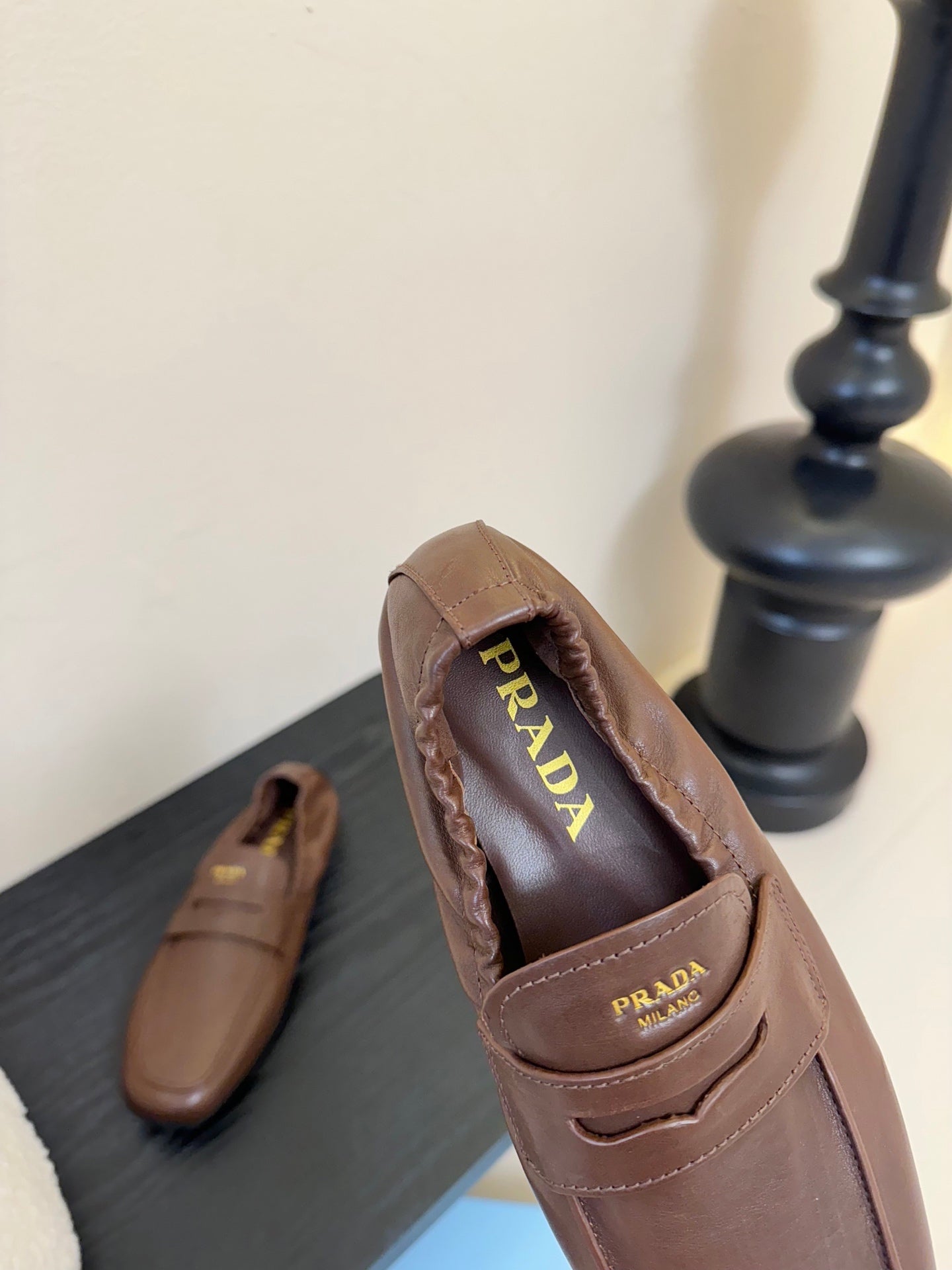 PRADA 25S SHUFFLE LOAFERS IN EARTH BROWN CALFSKIN
