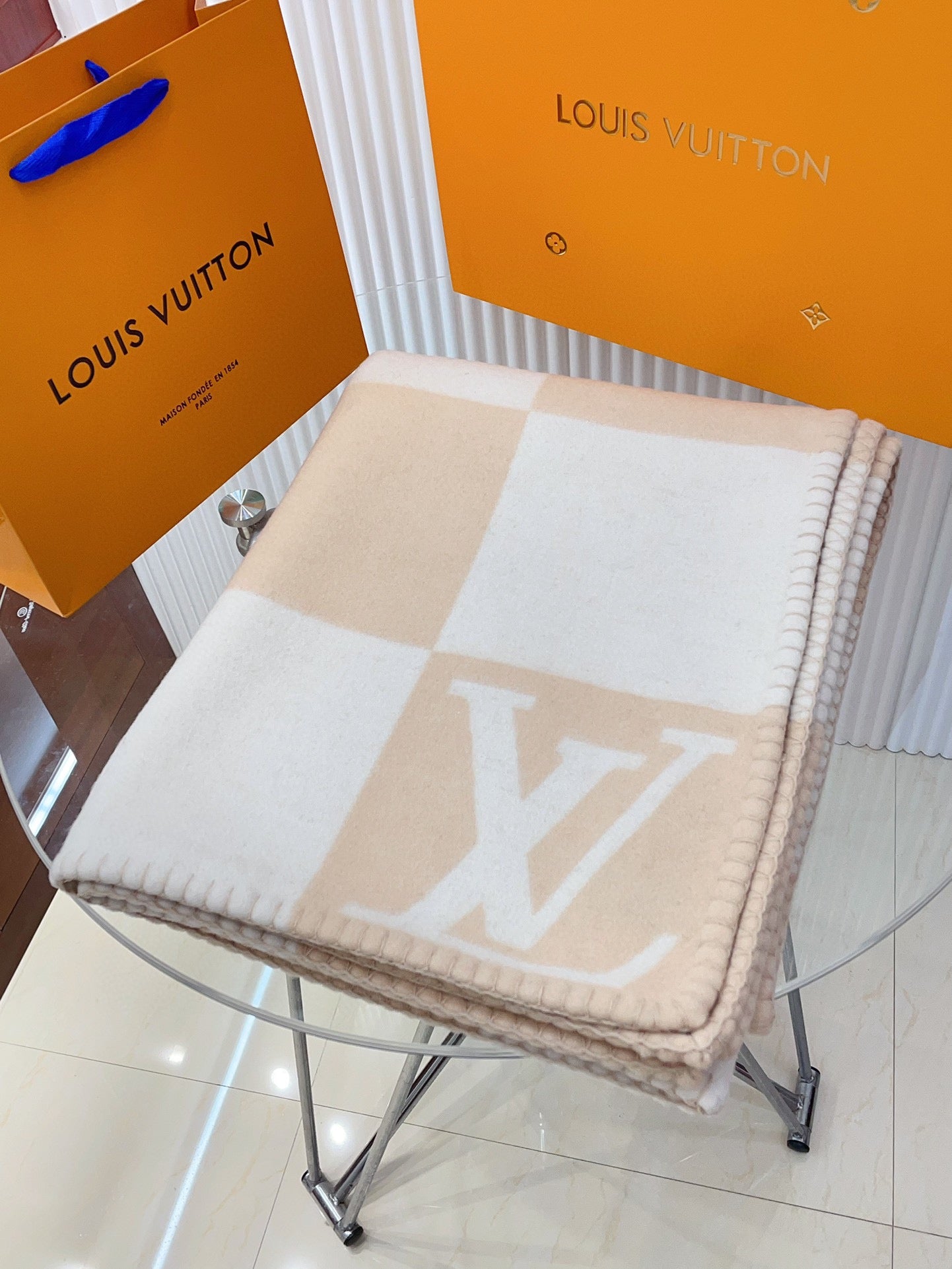 CHECKMATE BLANKET 180 CM IN WHITE MIX MACAROON TAN WOOL AND CASHMERE 403903