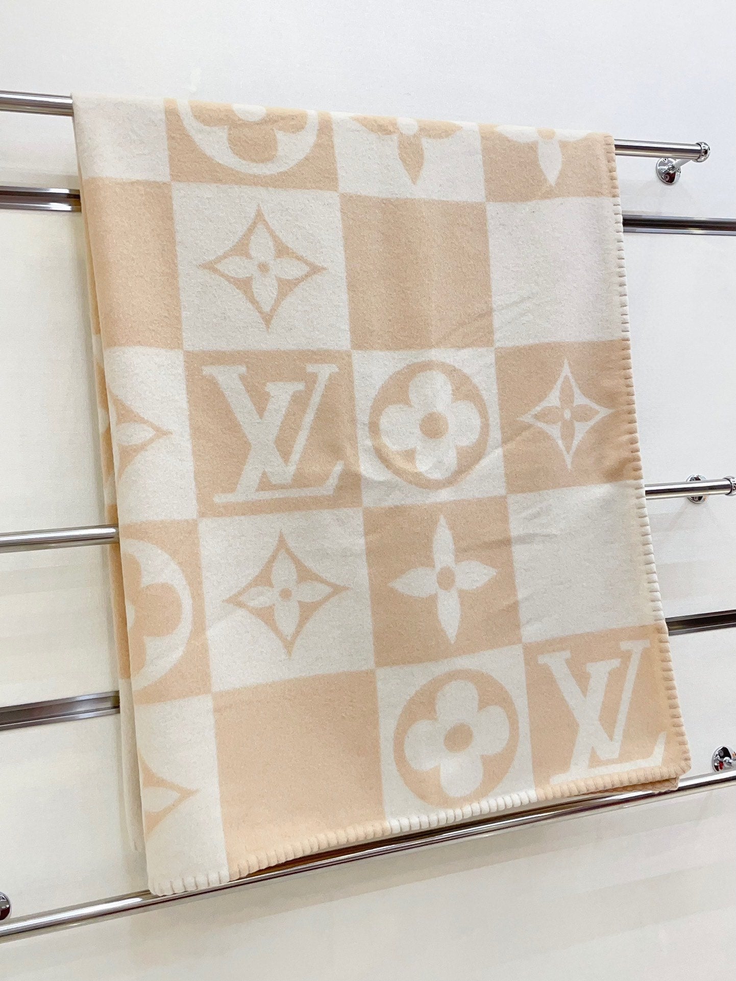 CHECKMATE BLANKET 180 CM IN WHITE MIX MACAROON TAN WOOL AND CASHMERE 403903