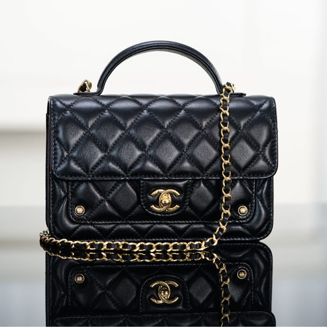 CHANEL 25S TOP HANDLE FLAP 19 CM IN BLACK LAMBSKIN WITH GOLD HARDWARE