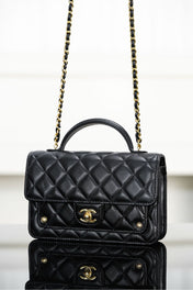 CHANEL 25S TOP HANDLE FLAP 19 CM IN BLACK LAMBSKIN WITH GOLD HARDWARE