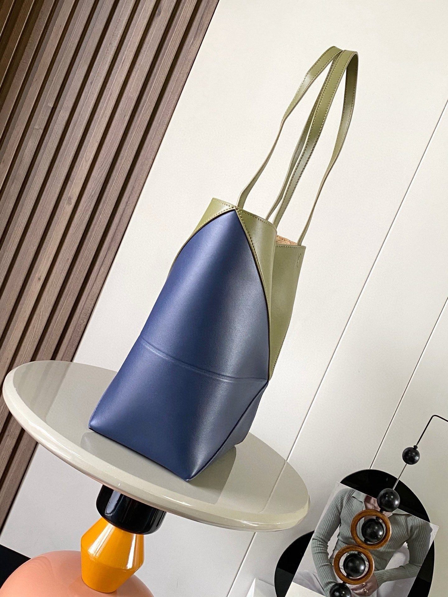 LOEWE 25S PUZZLE FOLD BAG 31 IN OLIVE GREEN AND DARK BLUE SHINY CALFSKIN